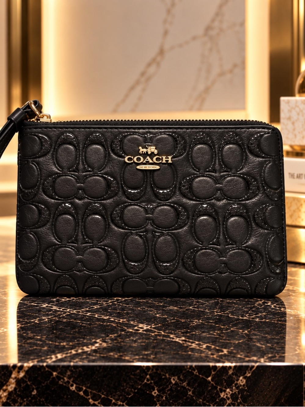 Coach Black Signature C Embossed Large Wristlet Gold Logo